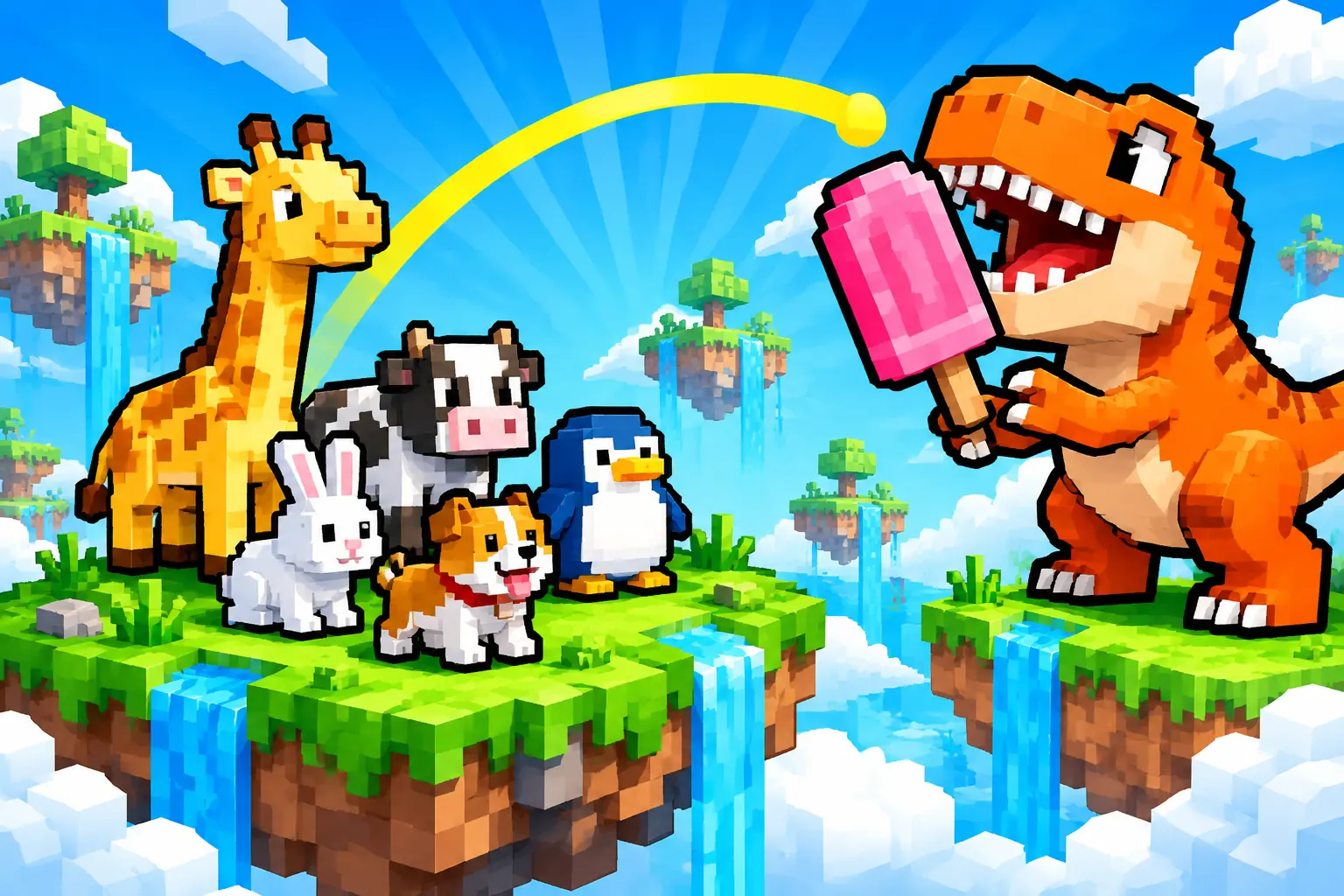 Voxel sky islands, a yellow throw arc, and a T-rex with a pink popsicle for Throw Food For Animals