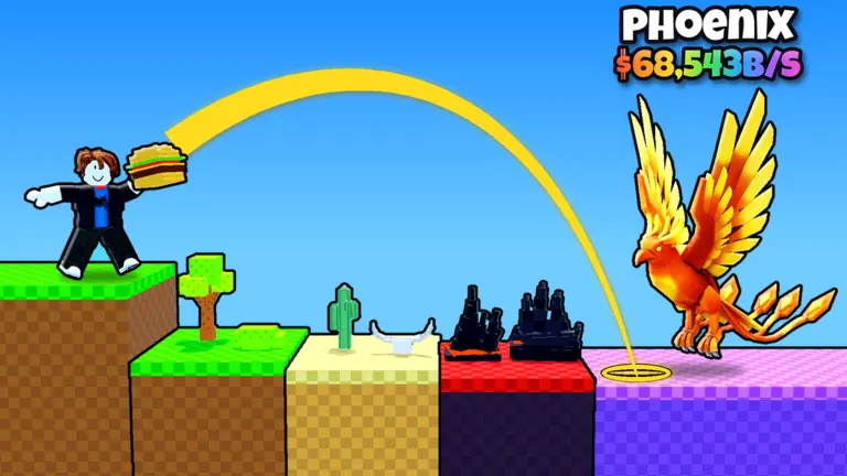 Official Roblox thumbnail of Throw Food For Animals showing a phoenix and a cash-per-second figure. Image: Roblox / Goofy Chupacabra